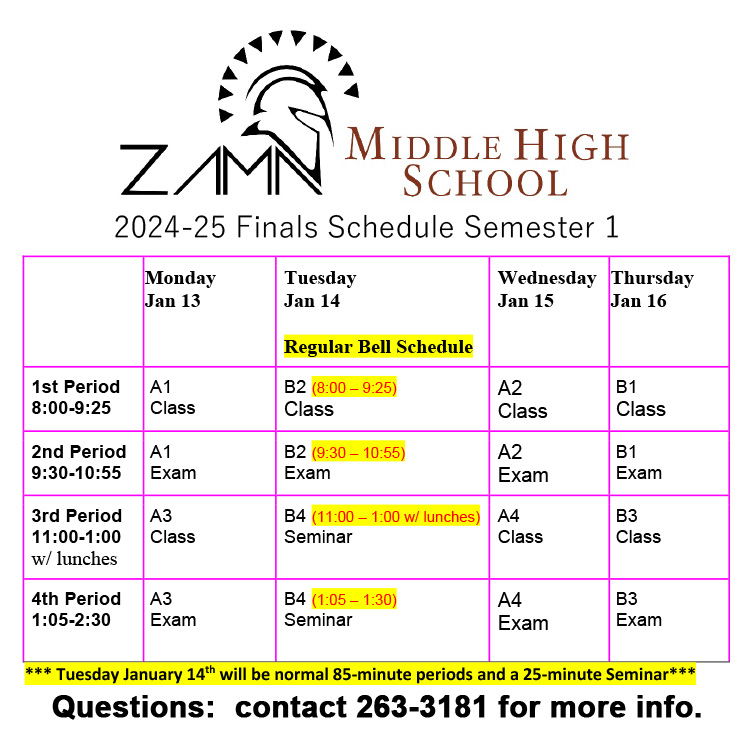 Semester 1 Exam Schedule, 2024-25